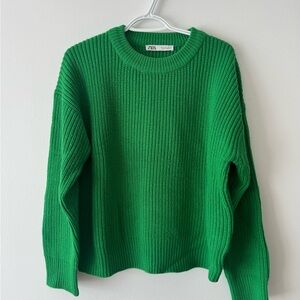 Zara Bright Green Ribbed Crewneck Sweater